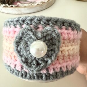 "Crochet Pink & Gray Heart Coffee Cup Cozy